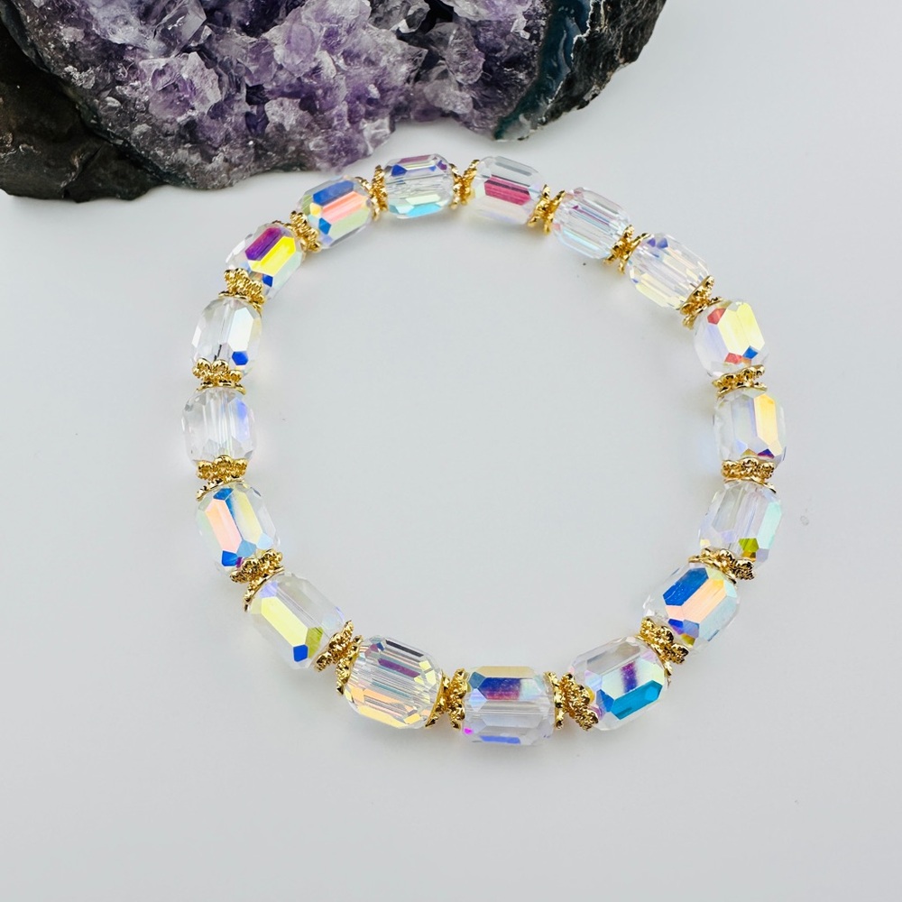 AB Aurora Borealis Crystal Stretch Bracelet | 18K Gold Plated | 7.75”